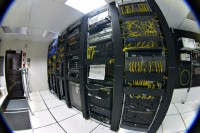 Telecommunications equipment in one corner of a small data center. Contributed and licensed under the GFDL by the photographer, Gregory Maxwell.